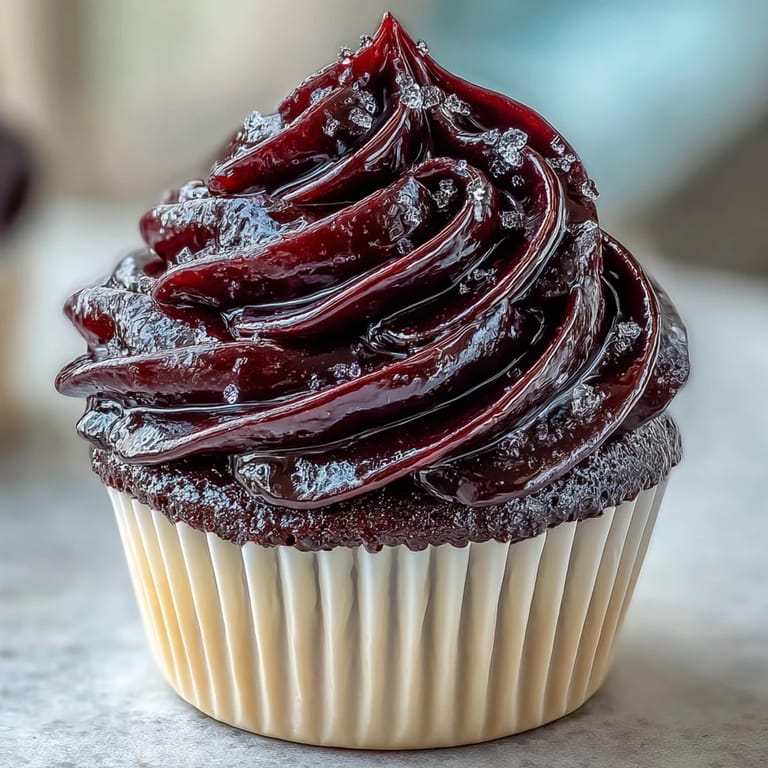 Freshly frosted cupcakes topped with Black Currant Frosting and a garnish of fresh black currant berries.