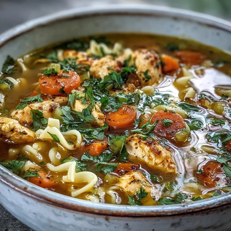 Cozy Ginger Turmeric Chicken Soup in a rustic bowl with coconut milk swirl.