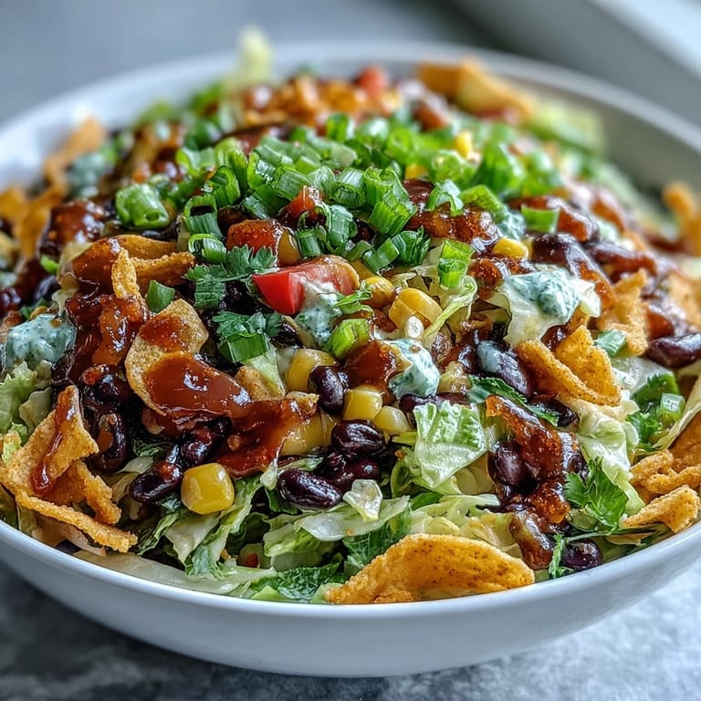 A close-up of Frito Cowboy Cabbage salad with creamy chipotle dressing, ready to serve at a backyard Southwestern BBQ with lime wedges.