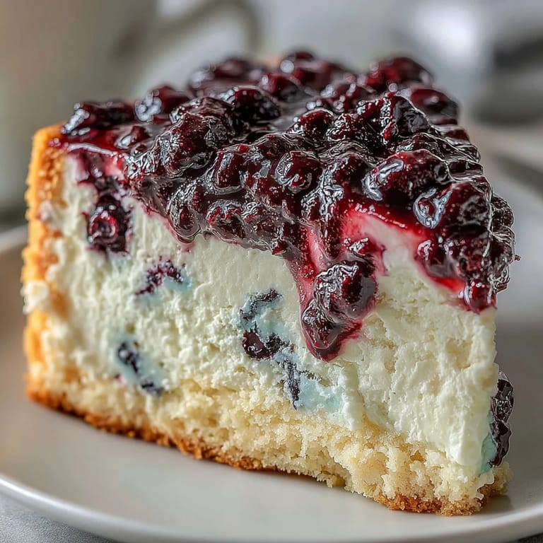Fresh blueberries garnish a chilled slice of Lemon Blueberry Shortbread Mousse Cake, showcasing its luscious layers and bright citrus colors.