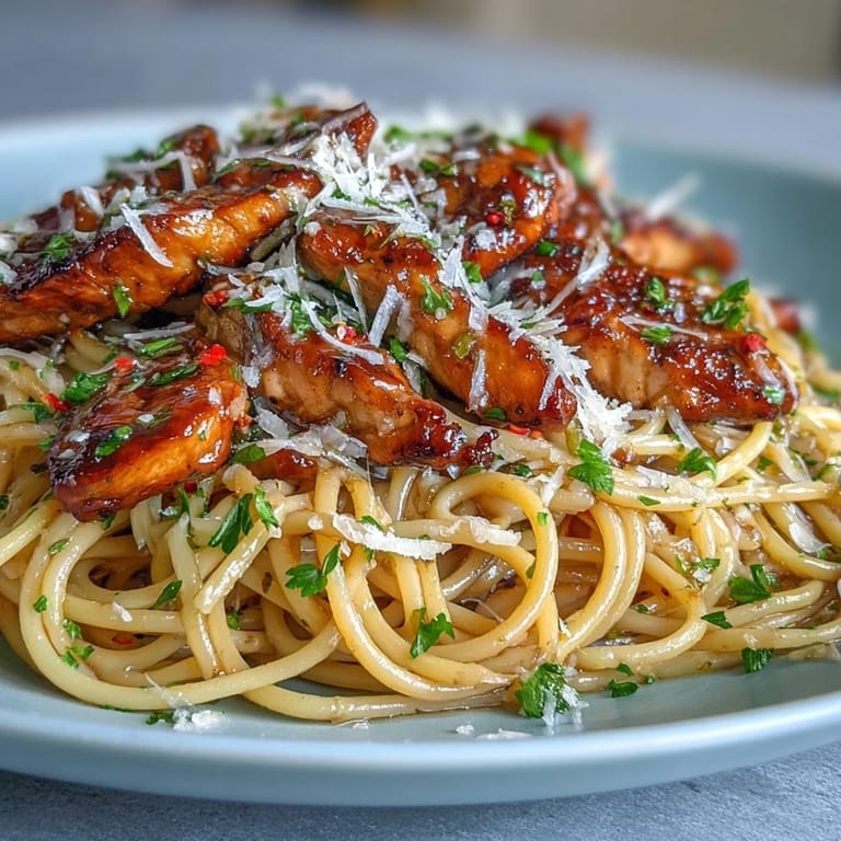 A serving of Sticky Honey Garlic Chicken Pasta is plated with a sprinkle of fresh parsley and a side of crisp white wine for a complete weeknight meal.