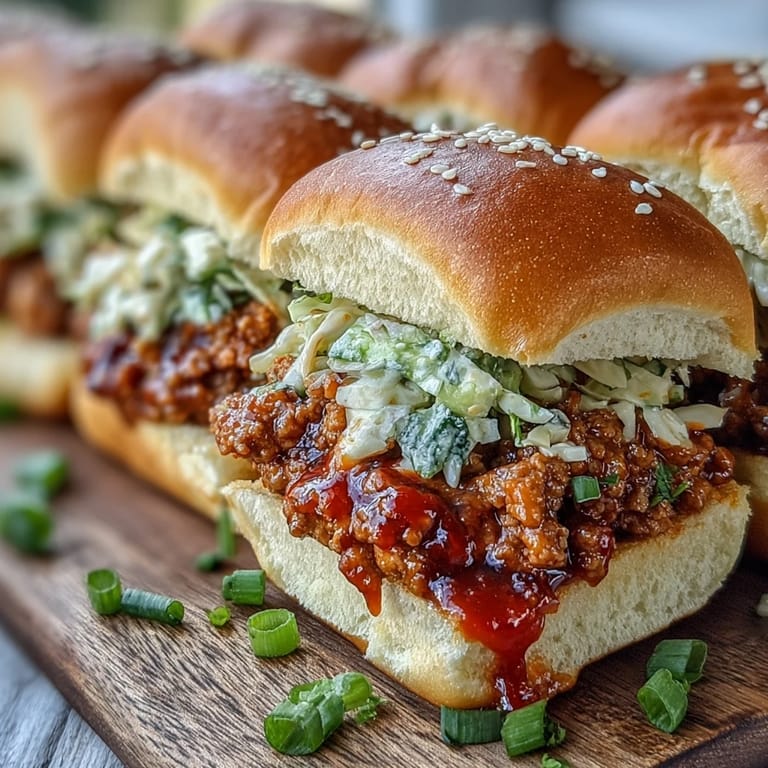 Overhead view of eight Korean Turkey Sloppy Joe Sliders arranged on a wooden board, each topped with a colorful mix of shredded cabbage, carrots, and fresh green onions.