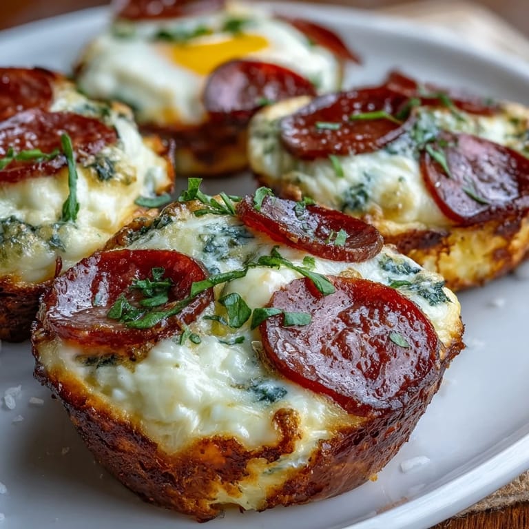 The baked High-Protein Pepperoni Breakfast Cups are neatly arranged on a rustic wooden board, ready for a hearty morning meal.