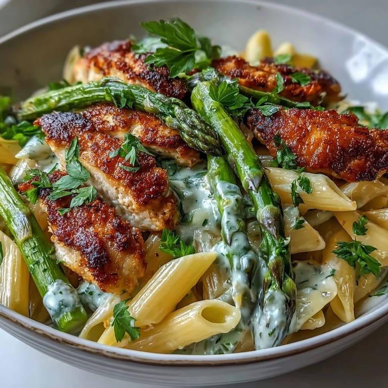 Close-up of Crispy Parmesan Asparagus Chicken Pasta highlighting crunchy Asiago and Parmesan asparagus tips against creamy noodles, perfect for a weeknight Italian-American dinner with family.