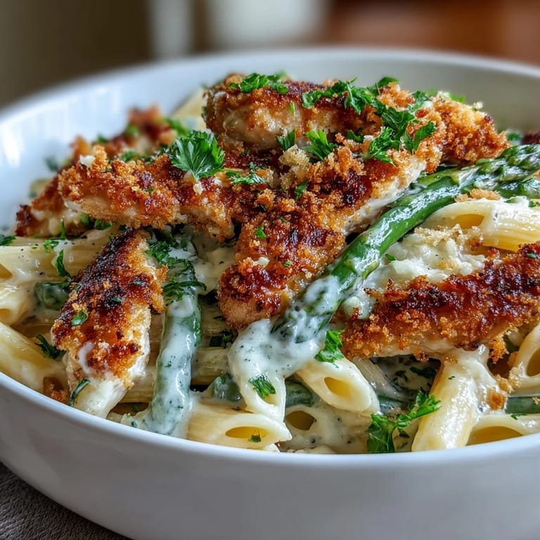 Ready to serve Crispy Parmesan Asparagus Chicken Pasta garnished with fresh parsley and extra grated Parmesan on a rustic plate.