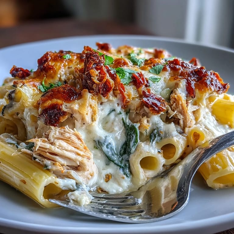 Tender rotisserie chicken and penne pasta coated in creamy Greek Yogurt Alfredo sauce with fresh spinach for a high-protein meal.