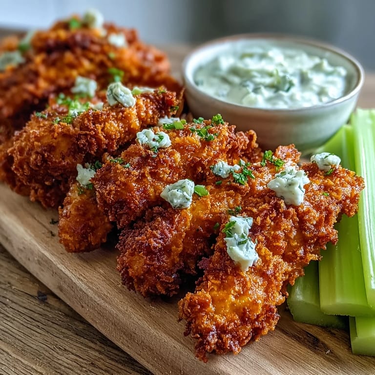 Golden-brown almond flour-coated chicken tenders tossed in spicy buffalo sauce, paired with celery sticks on a rustic platter.