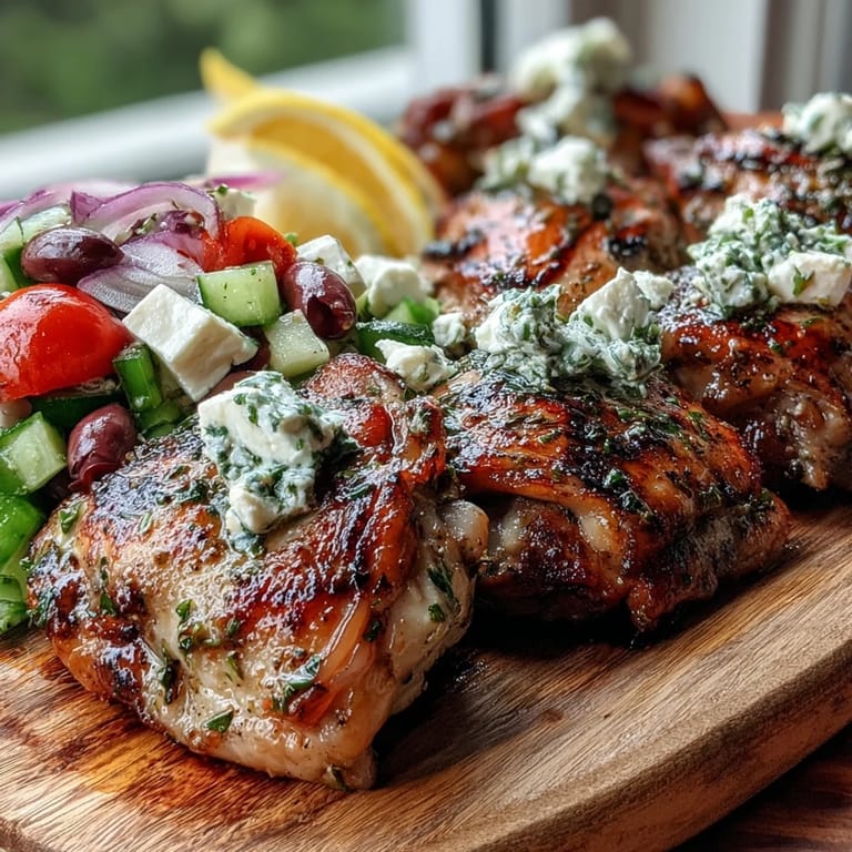 Perfectly grilled chicken thighs marinated in lemon and herbs, served with a refreshing, crisp Greek salad for dinner.