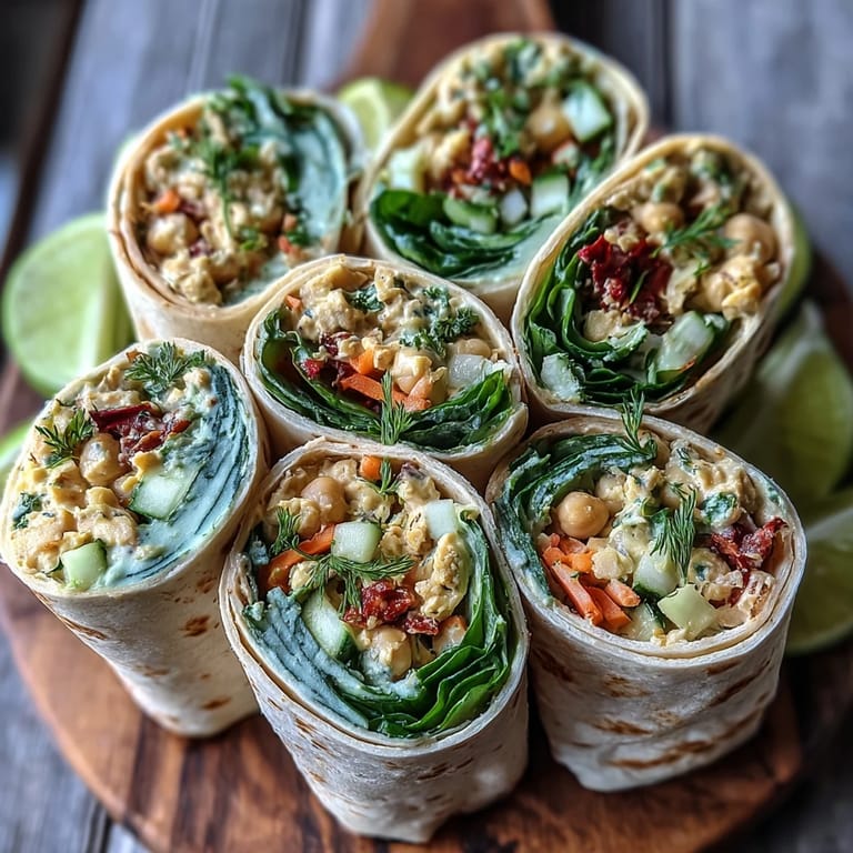 Four golden-brown Vegan Coconut Curry Chickpea Salad Wraps cut in half, revealing colorful chickpea salad with crisp greens inside.