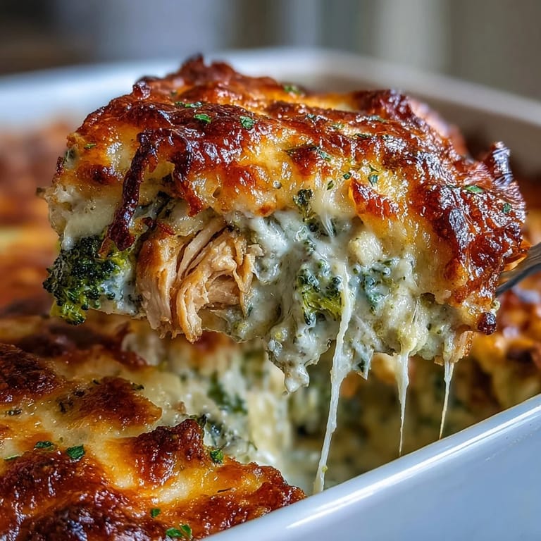 A rustic wooden table displays a serving of Keto Cheesy Broccoli Chicken Bake, garnished with herbs and ready for a family dinner.