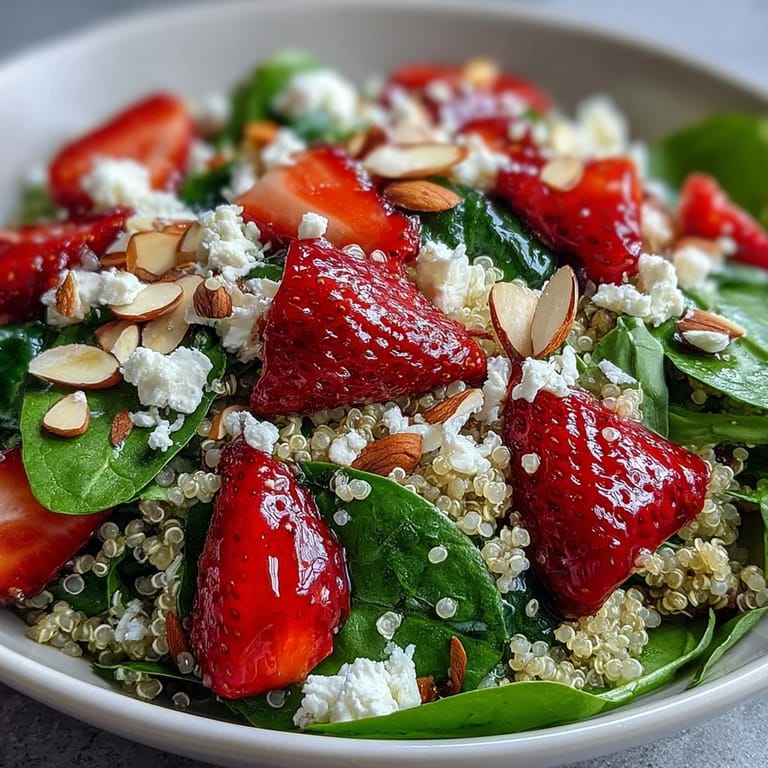 Colorful serving bowl filled with Strawberry Spinach Quinoa Salad, ready to eat as a healthy vegetarian side dish on a rustic table.