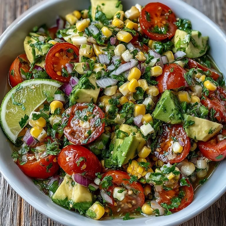 Bright summer salad of sweet corn, juicy tomatoes, creamy avocado, and zesty lime dressing, perfect for BBQ sides.