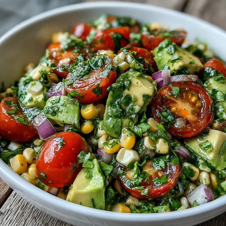 Colorful Fresh Corn and Tomato Salad with Avocado and Lime on a rustic table, ready to serve.