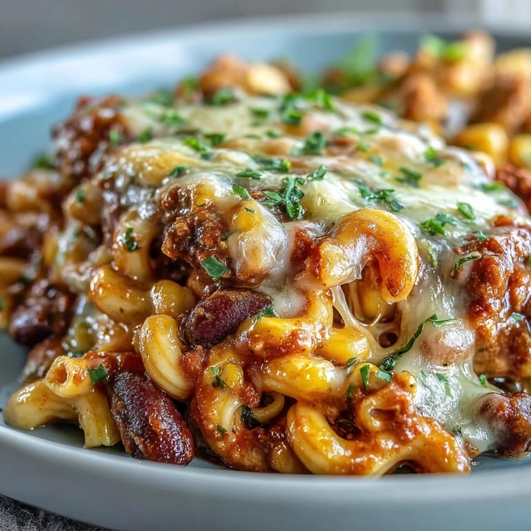 A hearty One-Pot Tex-Mex Chili Mac with Corn, served with a dollop of sour cream and colorful jalapeños.
