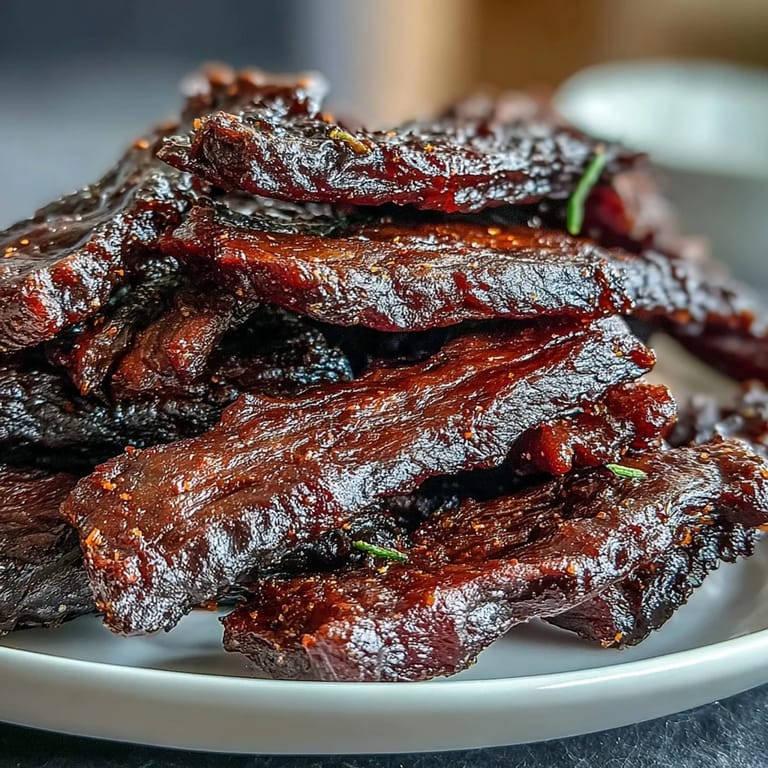 Sweet and Savory Black Currant Smoky Jerky: Marinated lean beef dehydrated to perfection, offering a rich blend of smoky, fruity, and spicy flavors.