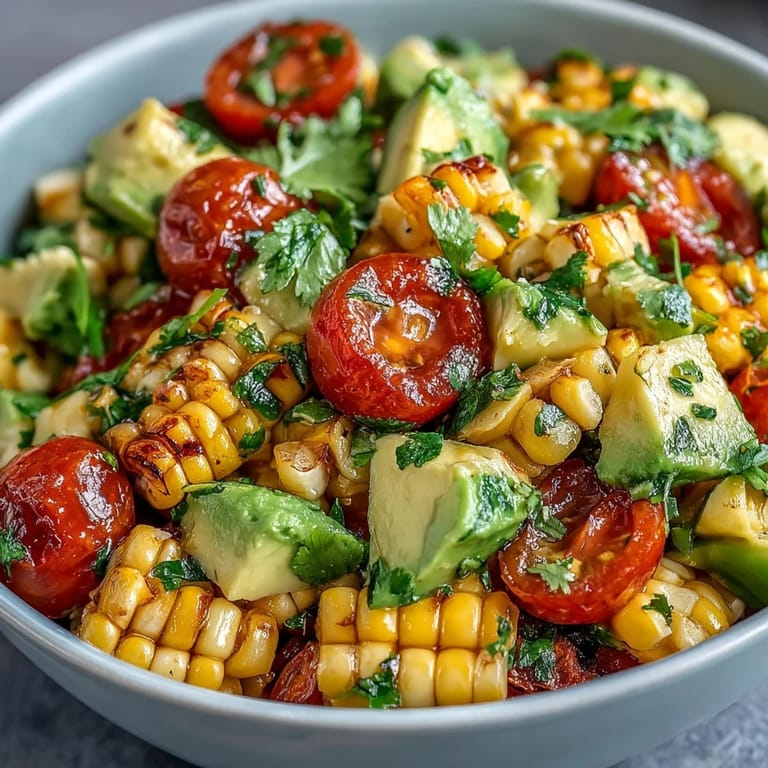 Vibrant summer salad with fresh corn, ripe tomatoes, diced avocado, and tangy lime vinaigrette for a refreshing dish.