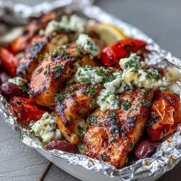 Flavorful Greek chicken and veggie foil packets with lemon and oregano, highlighting marinated chicken, vibrant peppers, zucchini, and olives for a quick, nutritious meal.