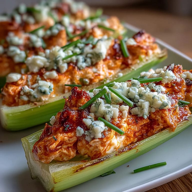 Platter of celery boats loaded with creamy buffalo chicken and blue cheese, offering bold flavors in every low-carb bite.
