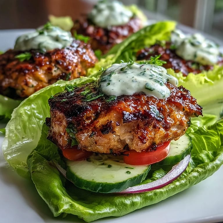 Fresh and healthy turkey burger lettuce wraps topped with avocado ranch, cucumber, and tomato slices.  