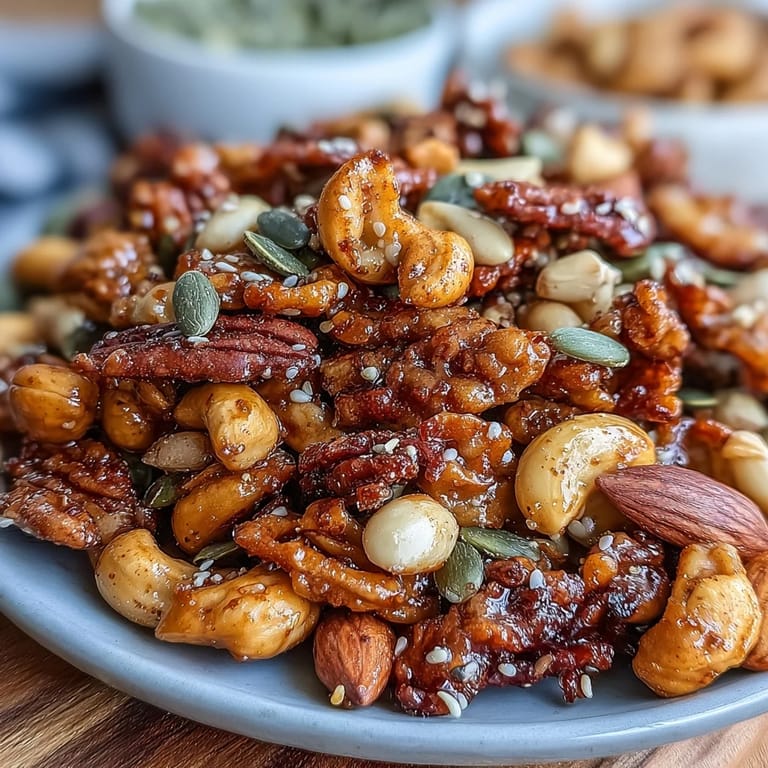 Crispy clusters of honey-glazed peanuts, almonds, and seeds seasoned with smoked paprika and cinnamon, served in a rustic wooden bowl.