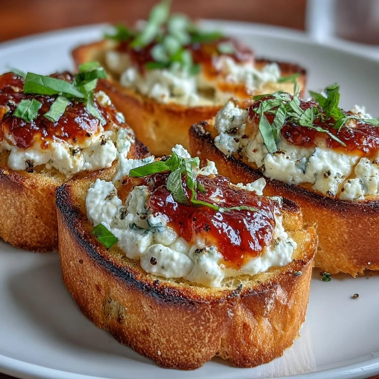 Artfully arranged bruschetta featuring rich goat cheese, chili jam drizzle, and fresh herbs, served on a rustic wooden board.