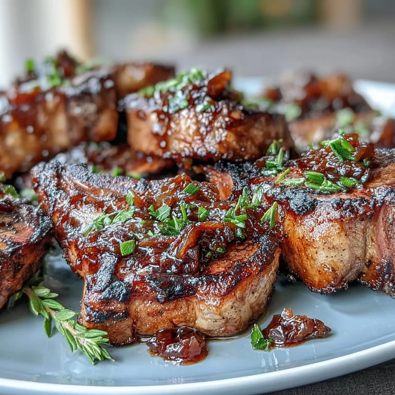 Close-up of onion jam glazed lamb chops, showcasing the deep golden onions and savory, juicy meat.