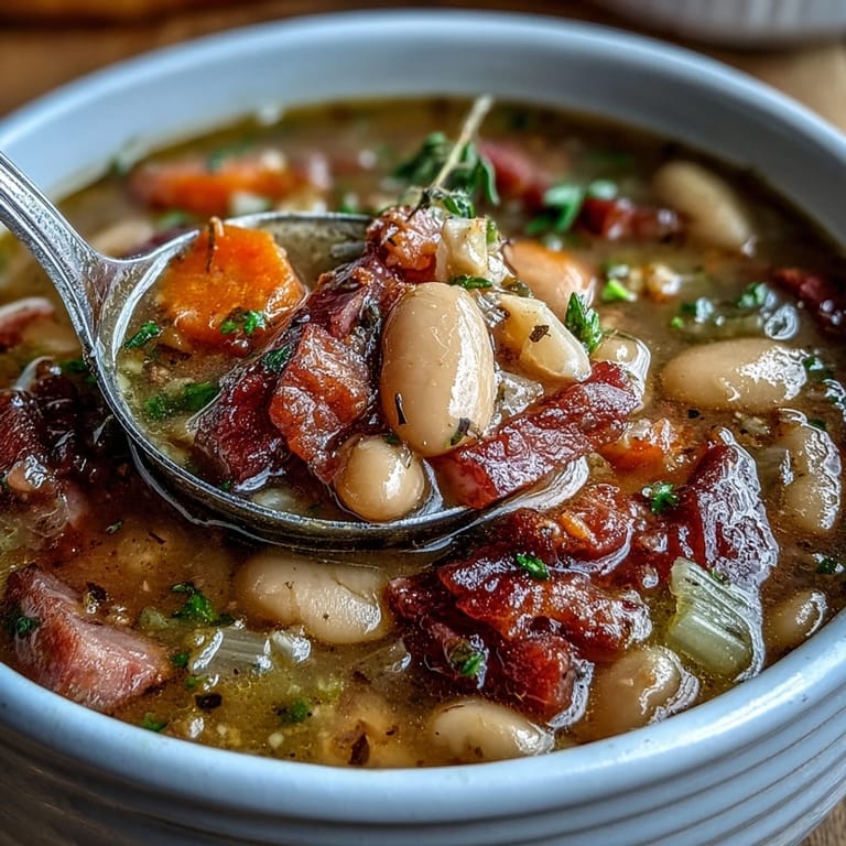 Warm bowl of slow cooker ham and bean soup with vegetables, perfect for a comforting family dinner.  