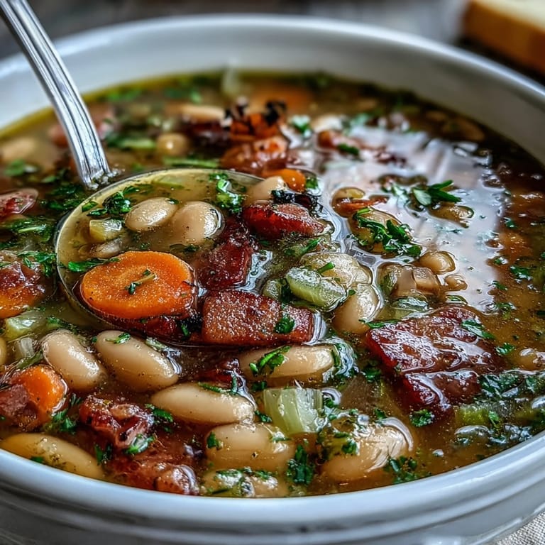 Creamy slow cooker ham and bean soup loaded with diced ham, carrots, and celery, served steaming hot.