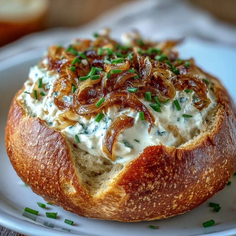 Homemade onion dip baked inside a crusty sourdough loaf, offering a comforting and flavorful dip for any gathering.