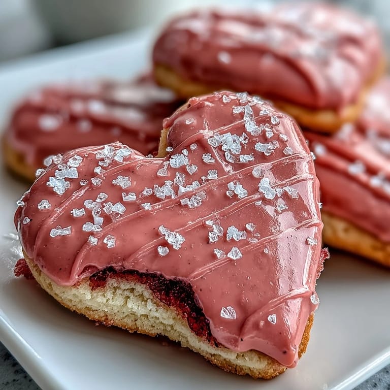 Festive strawberry sugar cookies with royal icing, each heart-shaped cookie topped with a vibrant pink glaze for a romantic dessert.