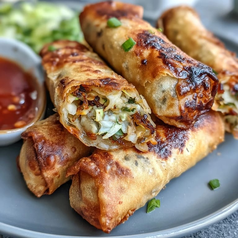 Crunchy vegetable spring rolls straight from the air fryer, paired with a vibrant sweet chili sauce for dipping.