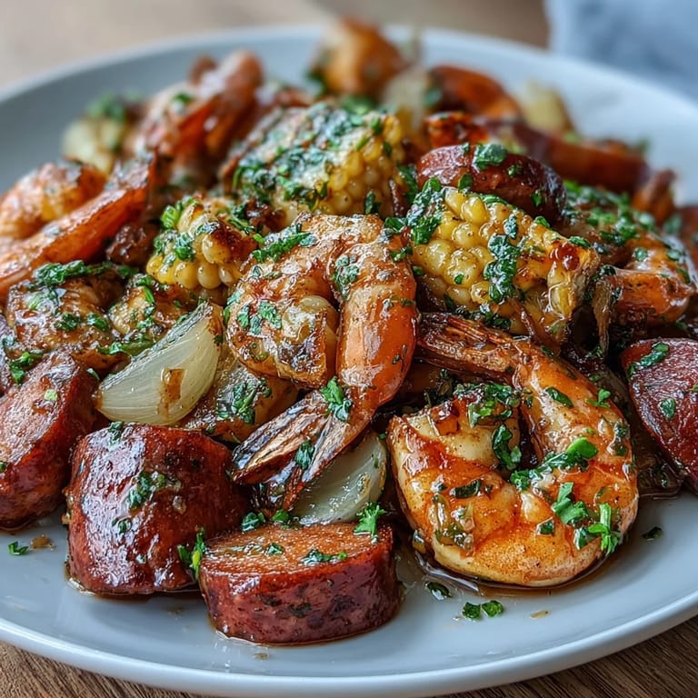 Colorful platter of onion boil with juicy shrimp, smoky sausage, golden potatoes, and corn on the cob, drizzled with melted butter and garnished with parsley.