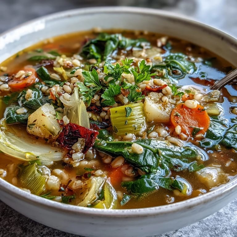 A comforting bowl of hearty vegetable and barley soup with vibrant greens, root vegetables, and aromatic broth.