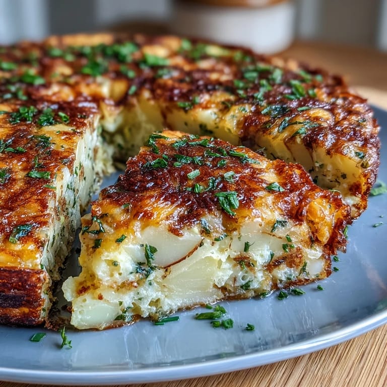 Savory baked frittata with layers of thinly sliced potatoes, vibrant spring onions, and gooey cheddar cheese.