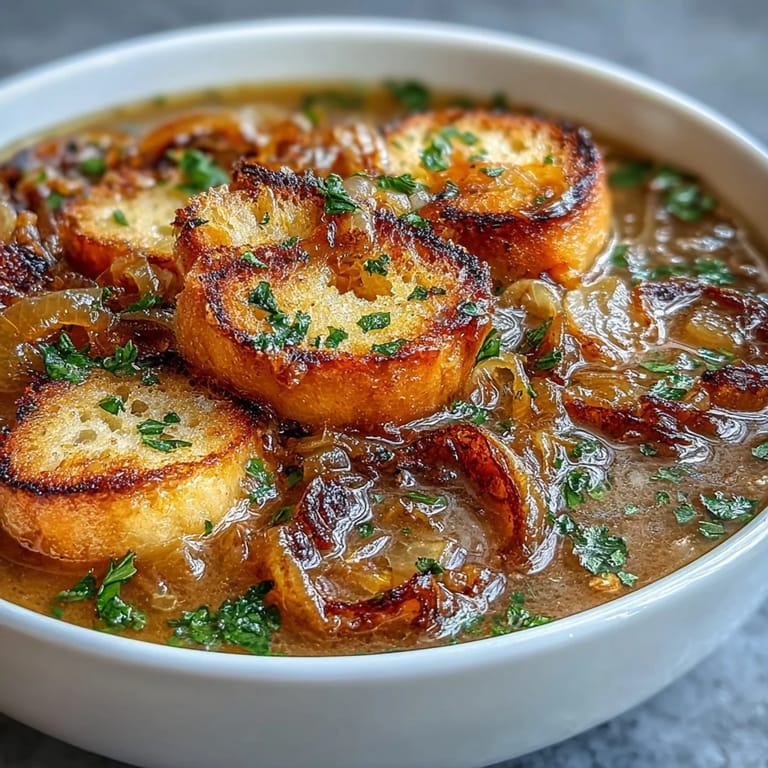Golden-brown roasted garlic and sweet caramelized onions create a rich, savory soup topped with crunchy herb-seasoned croutons.