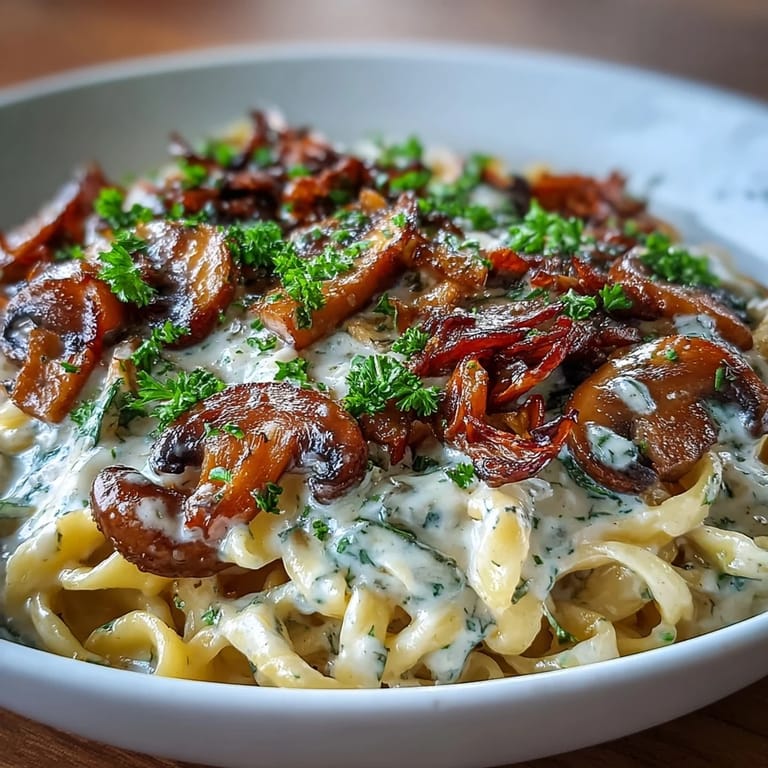 Vegetarian stroganoff featuring golden sautéed onions, mushrooms, and paprika over wide egg noodles.  