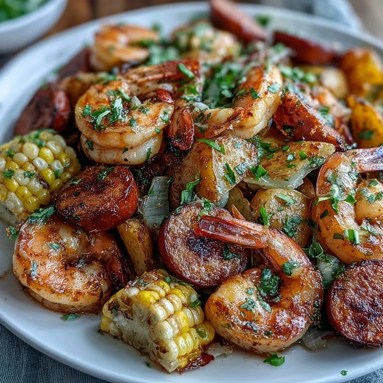 Golden shrimp and smoky sausage mingle with caramelized onions and sweet corn in a colorful, hearty foil packet, perfect for easy grilling or oven roasting.