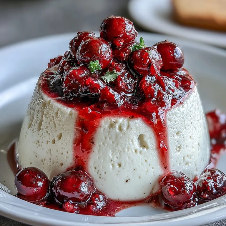 Creamy Italian custard dessert with a delicate cardamom flavor, served chilled and garnished with fresh berry sauce.