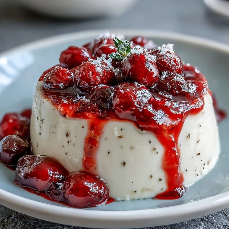 Luxurious vanilla and cardamom panna cotta, elegantly plated with a glossy berry compote for a perfect finish.