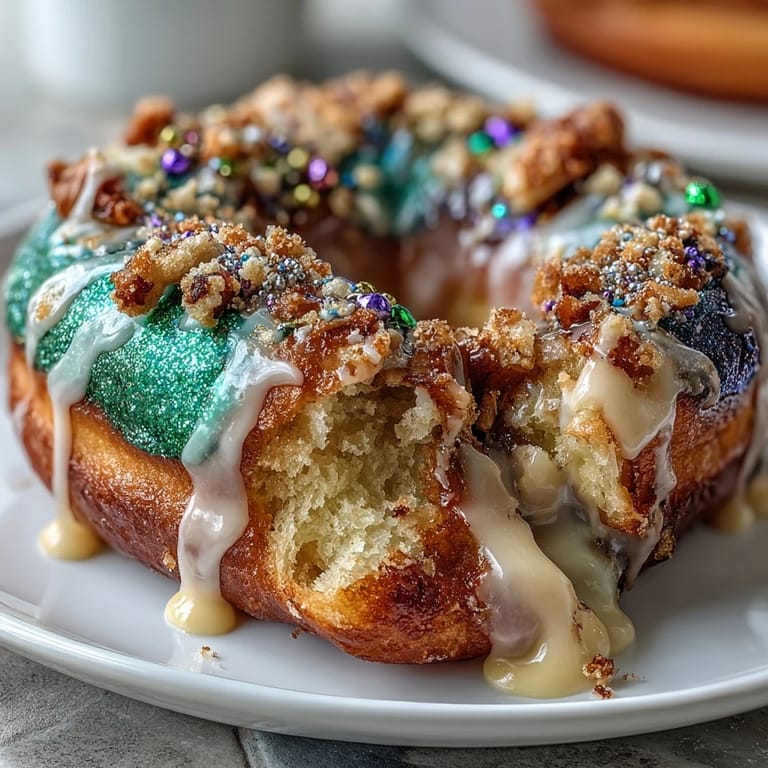 2. Colorful King Cake Donuts with Vanilla Glaze: Baked donuts inspired by classic King Cake, featuring a sweet vanilla glaze and festive Mardi Gras sprinkle decorations.
