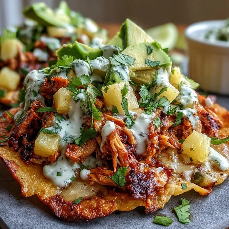 Baked chicken and pineapple salsa piled on crunchy tostadas, finished with lime crema and creamy avocado slices.