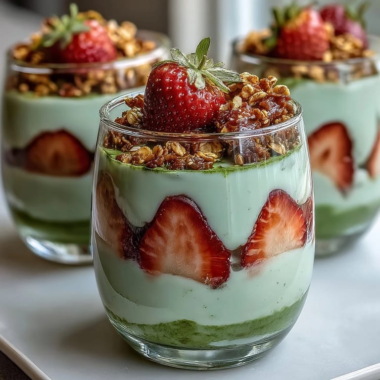 Bright layers of green matcha yogurt, red strawberries, and golden granola create a beautiful, nutritious parfait perfect for brunch.