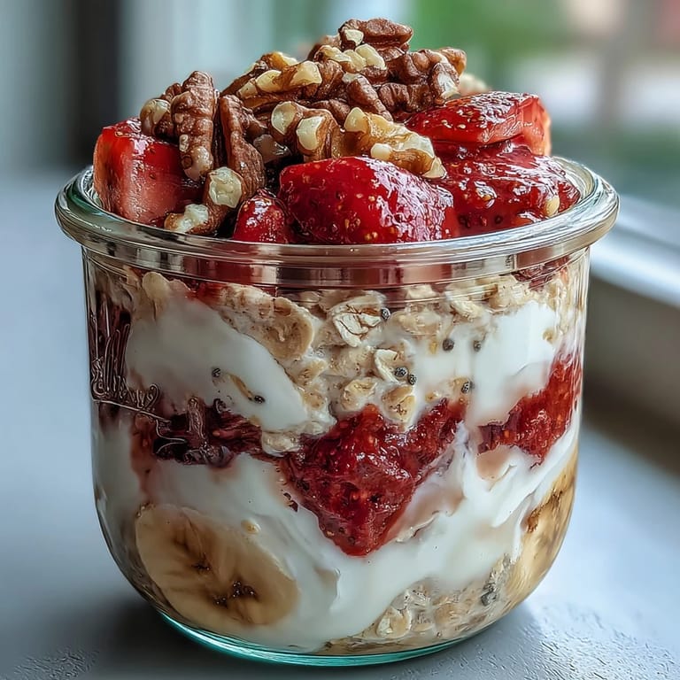 Creamy overnight oats infused with mashed banana, strawberries, and crunchy walnuts, perfect for a nutritious morning meal.  
