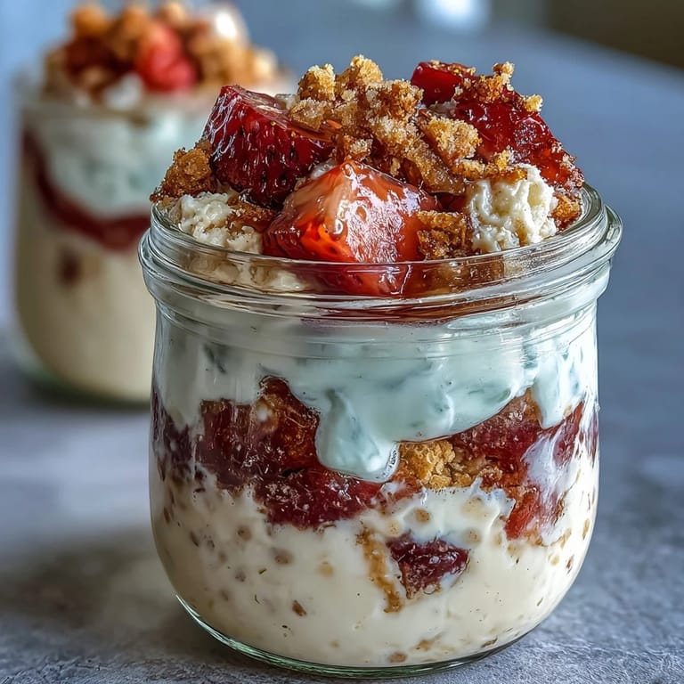 Creamy vanilla overnight oats layered with diced strawberries and crunchy graham cracker crumble, inspired by classic strawberry cheesecake.  