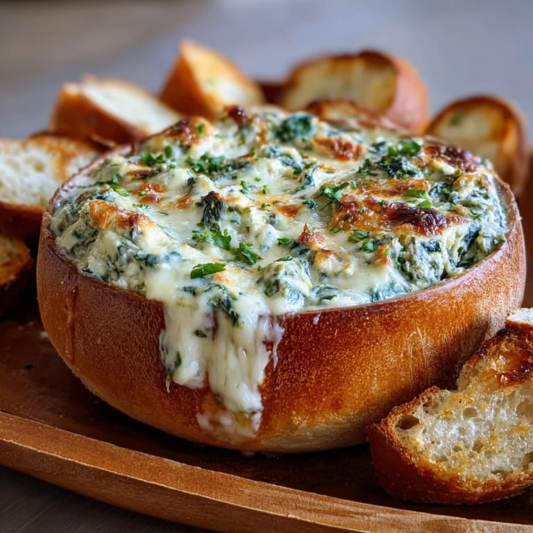 Creamy spinach and artichoke dip with mozzarella, served hot in a rustic bread bowl for sharing.