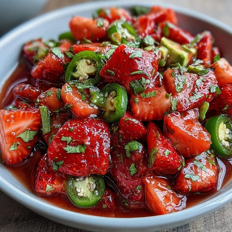 Sweet and spicy strawberry salsa with lime and jalapeño, a colorful Mexican-inspired side bursting with fresh flavors.