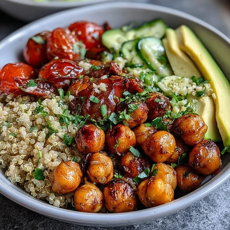 Nutritious lemon vinaigrette grain bowls featuring fluffy quinoa, crunchy roasted chickpeas, fresh vegetables, and bright citrus dressing for a satisfying vegan lunch.
