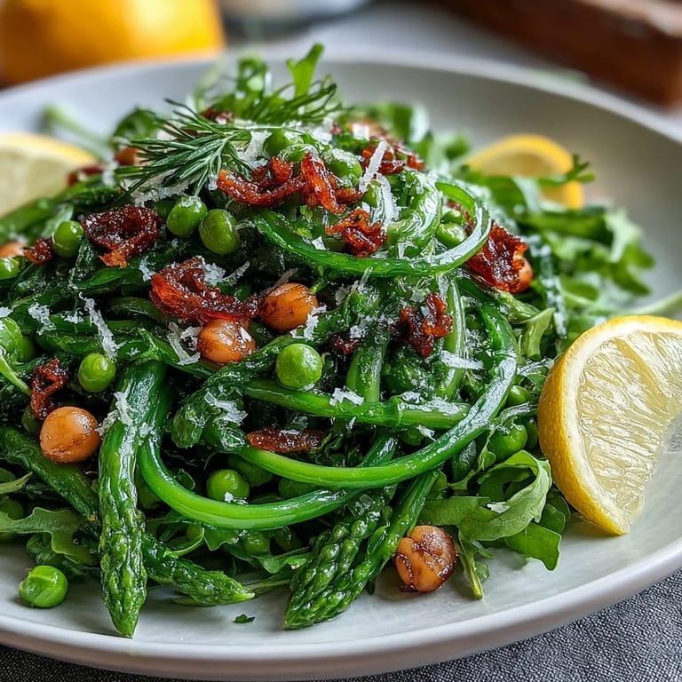 Light and zesty asparagus pea salad with lemon dressing, Parmesan, and radish slices—perfect for a healthy, colorful lunch.