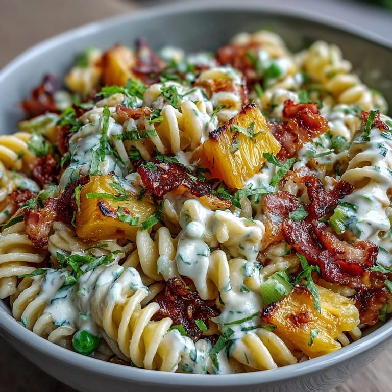 Creamy Hawaiian pasta salad featuring tender ham, sweet pineapple chunks, and crunchy veggies, all tossed in tangy ranch dressing.