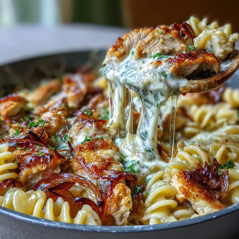 Savory French Onion Chicken Pasta featuring tender chicken, sweet onions, and bubbling cheese in a comforting one-pot dish.